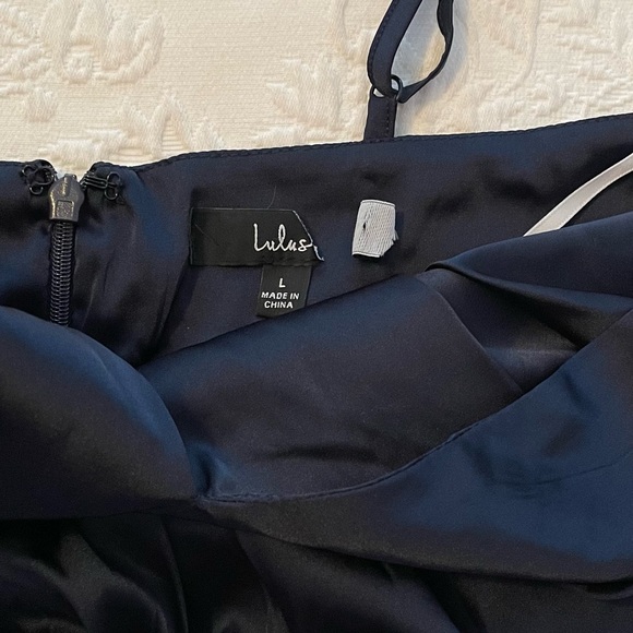 NWOT Lulus Caught Feelings Navy Blue Satin Ruffled Midi Dress Small Medium Large - Picture 7 of 16